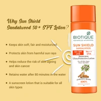 Biotique Sun Shield Sandalwood Sunscreen Ultra protecting Lotion 120ml | SPF 50+ UVA/UVB rays | Keeps Skin Soft, Fair and Moisturized | Ayurvedic Sunscreen Lotion | Water Resistant| For All Skin Types|