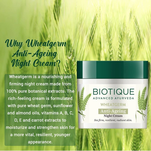 Biotique Wheat Germ Anti- Ageing Night Cream 50g | for Wrinkles & Fine Lines | Lightens dark Spots | Overnight anti-ageing treatment | 100% Botanical Extracts | Suitable for All Skin Types |