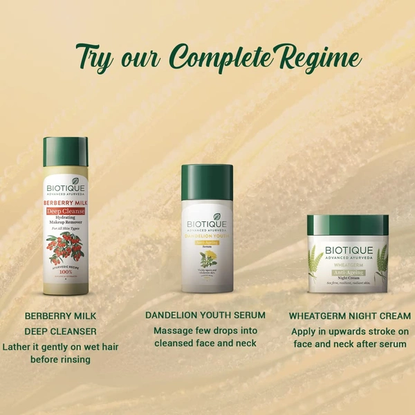 Biotique Wheat Germ Anti- Ageing Night Cream 50g | for Wrinkles & Fine Lines | Lightens dark Spots | Overnight anti-ageing treatment | 100% Botanical Extracts | Suitable for All Skin Types |