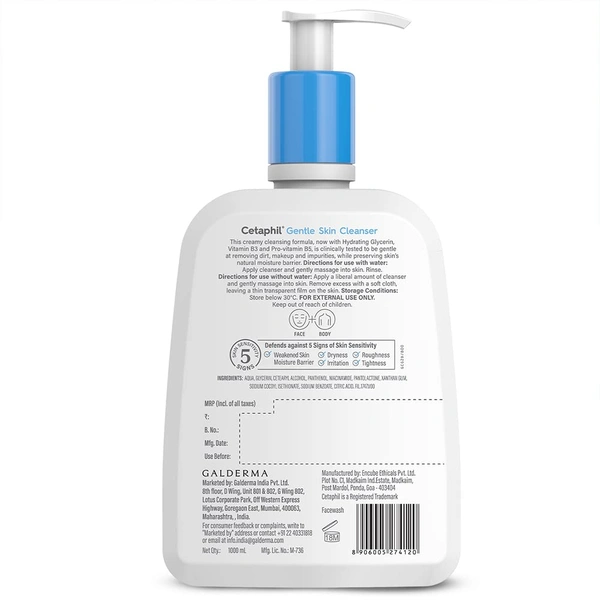 Cetaphil Gentle Skin Cleanser for Dry, Normal Sensitive Skin 1000ml With Niacinamide Hydrating Face Wash | (Note:By Including Additional Weight charge of Product is 49/-)