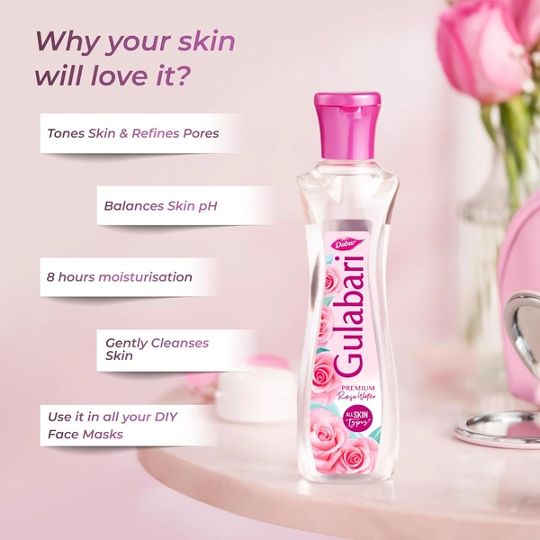 Dabur Gulabari Rose Water Gulab Jal - 100ml | Herbal Extracts | Gentle Cleanser | Hydrating, Refreshing & Cooling | Suitable for All Skin Types | Daily Use