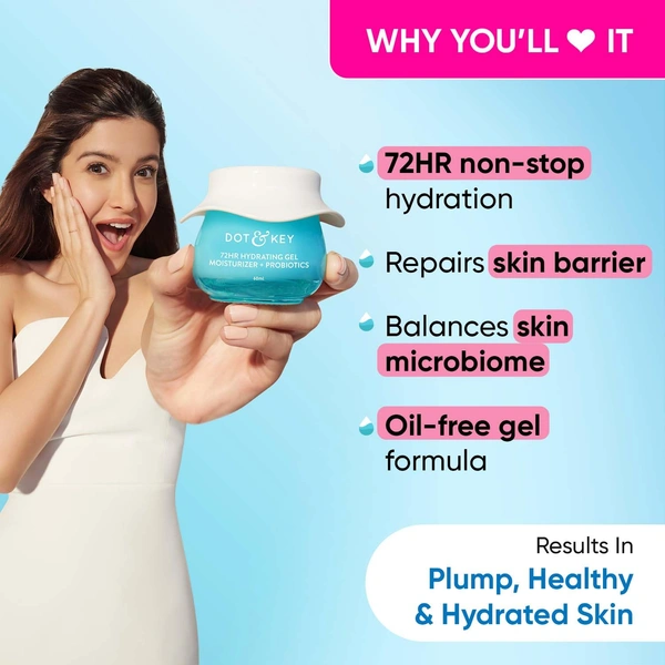 Dot & Key 72Hr Hydrating Gel Moisturizer + Probiotics with Hyaluronic Acid | Long-Lasting | Lightweight Gel Oil Free Moisturizer | Refreshing Hydration & Skin Balance | For All Skin Types | 60ml