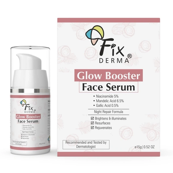 Fixderma 5% Niacinamide Serum Glow Booster with 6.5% Mandelic & 0.5% Gallic Acid | Skin Brightening | Reduces Spots, Improves Texture & Boost Glow | Men & Women - 15g