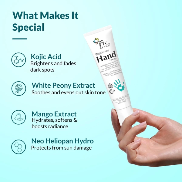 Fixderma Brightening Hand Cream 30 gm | Kojic Acid & SPF 50 | Moisturizer for Dry, Rough & Itchy Hands | Brightening Hand Cream for Men & Women | All Skin Types