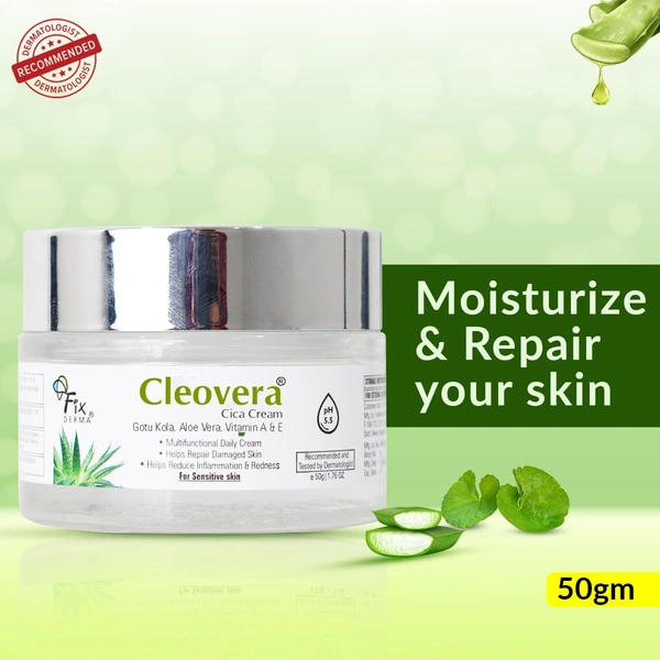 Fixderma Cleovera Cica Cream 50g | Gotu Kola, Aloe Vera, Vitamin A & E | Repairs Damaged Skin, Calms Irritation, Nourishes Dry & Sensitive Skin | Daily Barrier Strengthening Cream