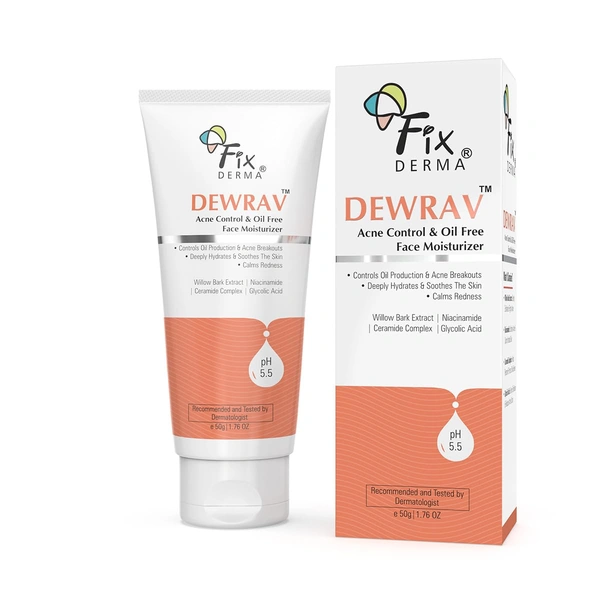 Fixderma Dewrav Acne Control & Oil-Free Moisturizer 50gm | With Glycolic Acid & Niacinamide | Lightweight, Non-Sticky Face Moisturizer for Oily & Acne-Prone Skin | Men & Women