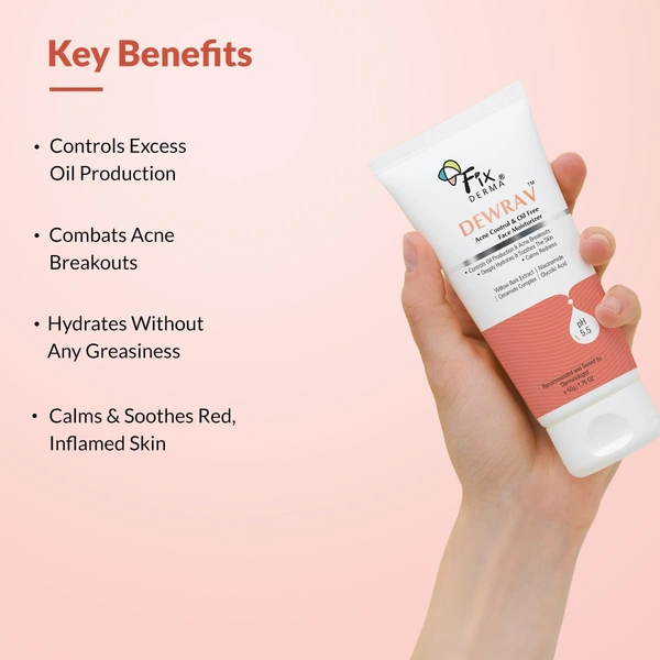 Fixderma Dewrav Acne Control & Oil-Free Moisturizer 50gm | With Glycolic Acid & Niacinamide | Lightweight, Non-Sticky Face Moisturizer for Oily & Acne-Prone Skin | Men & Women