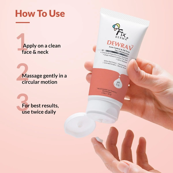 Fixderma Dewrav Acne Control & Oil-Free Moisturizer 50gm | With Glycolic Acid & Niacinamide | Lightweight, Non-Sticky Face Moisturizer for Oily & Acne-Prone Skin | Men & Women
