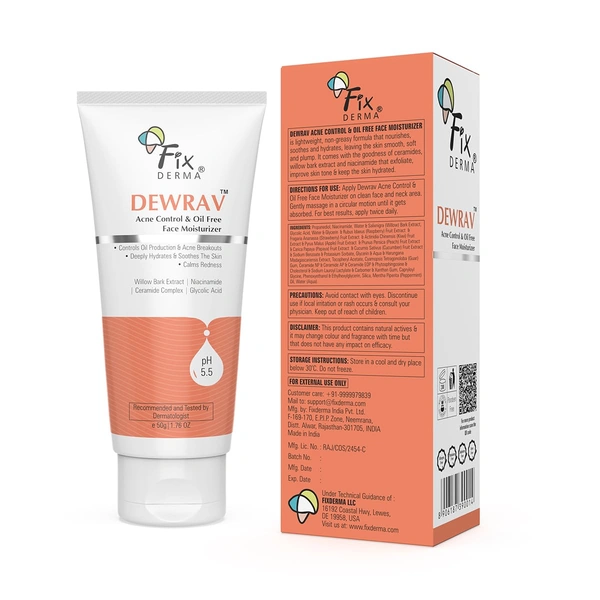 Fixderma Dewrav Acne Control & Oil-Free Moisturizer 50gm | With Glycolic Acid & Niacinamide | Lightweight, Non-Sticky Face Moisturizer for Oily & Acne-Prone Skin | Men & Women