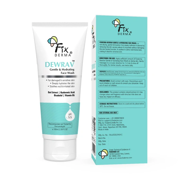Fixderma Dewrav Gentle & Hydrating Face Wash 100ml | 6% Oats Extract, Hyaluronic Acid & Vit B5 | Soothes Irritated Skin, Provides Deep HydrationFor Sensitive, Dry & Normal Skin