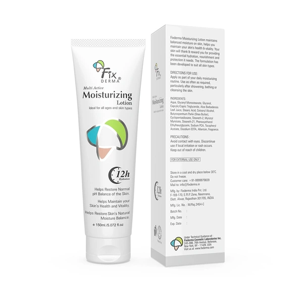 Fixderma Multi Active Moisturizing Lotion | Deep Hydration for All Skin Types | Soothe & Protect Skin | Dry & Sensitive Skin | Non-greasy body lotion | Hydration & calmness | Hyaluronic acid lotion | 150ml