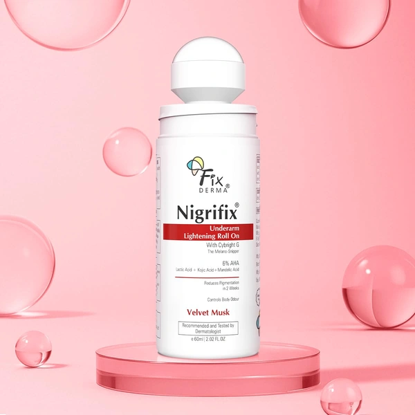 Fixderma Nigrifix Underarm Velvet Musk Roll On 60ml with 6% AHA, Lactic Acid, 1% Mandelic Acid & Kojic Acid | Brightens, Exfoliates & Smoothens Dark Underarms | Sensitive Skin Safe