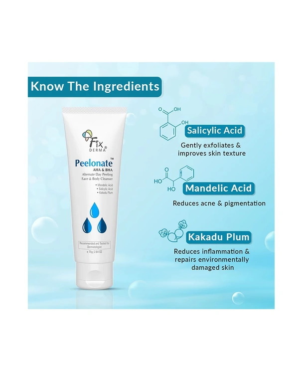 Fixderma Peelonate AHA & BHA Face & Body Cleanser 75g | 2% Mandelic Acid + 1% Salicylic Acid | Exfoliating, Acne Control, Tan Removal | Smooth, Clear & Radiant Skin