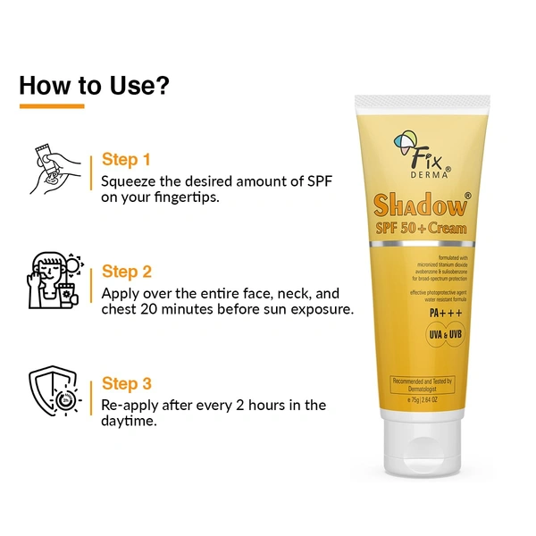 Fixderma Shadow SPF 50+ Cream PA+++ | Hydrating Sun Protection for Dry Skin | for Smooth, Radiant Skin | Broad-Spectrum Sun Defense | Non-Greasy, Moisturizing Sunscreen | Sunscreen For UVA & UVB Protection | Water Resistant-75gm