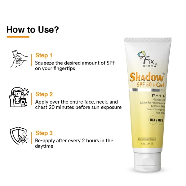 Fixderma Shadow SPF 50 + Gel PA+++ | Ultimate Sun Protection for Oily Skin | Suitable for Acne Prone & Sensitive Skin | UVA & UVB Protection | Sunscreen For Bothe Men & Women | All-Day Protection | Lightweight, Oil-Free Formula | 75g