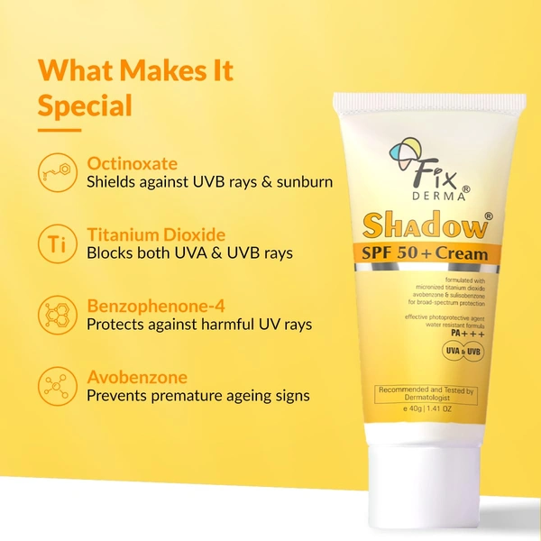 Fixderma Shadow Sunscreen SPF 50+ PA+++ Cream 40gm For Women & Men | Broad Spectrum UVA & UVB Protection | No White Cast, Water Resistant, Non Greasy Sunscreen for Dry Skin