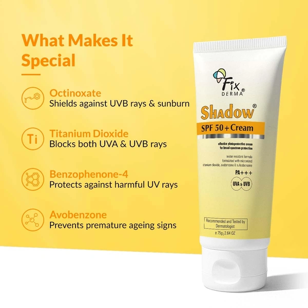 Fixderma Shadow Sunscreen SPF 50+ PA+++ Cream 75gm For BodyFace for Men & Women | Broad Spectrum UVA & UVB Protection | Non Greasy & Water Resistant Sunscreen for Dry Skin