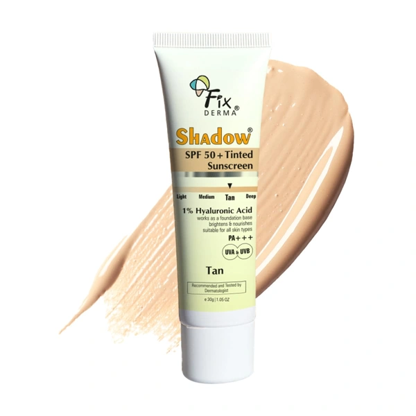 Fixderma Shadow Tinted Sunscreen 30gm Tan SPF 50 PA+++ with 1% Hyaluronic Acid & Vitamin E | Brightening Tinted Sunscreen | Lightweight | No White Cast | UVA/UVB Protection