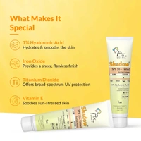Fixderma Shadow Tinted Sunscreen 30gm Tan SPF 50 PA+++ with 1% Hyaluronic Acid & Vitamin E | Brightening Tinted Sunscreen | Lightweight | No White Cast | UVA/UVB Protection