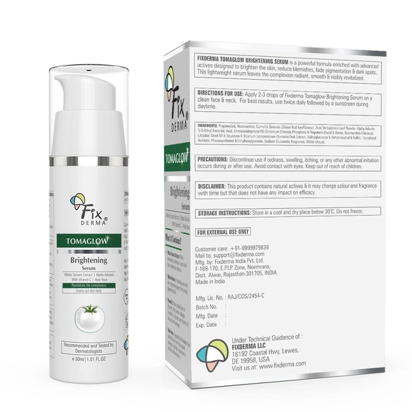 Fixderma TomaGlow Skin Brightening Serum 30ML for Men & Women with White Tomato Extract, Vitamin C, 4% Niacinamide & 2% Alpha Arbutin | Reduces Pigmentation, Dark Spots & Uneven ToneFor Men & Women