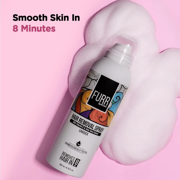 Furr by pee safe Furr Hair Removal Spray for Men & Women 200ml | Painless Hair Removal in 8 Minutes | Enriched with Aloe Vera & Vitamin E | Smooth, Soft & Hair-Free Skin for All Body Areas