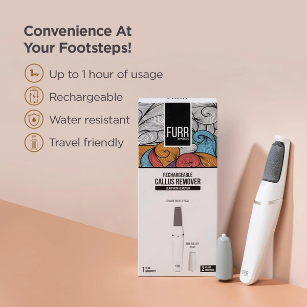 Peesafe FURR Rechargeable Callus Remover for Feet | Dead Skin Foot Scrubber with 2 Speed Modes & 2 Roller Heads | 1 Hour Battery | Water Resistant | 1 Year Warranty | Smooth Feet