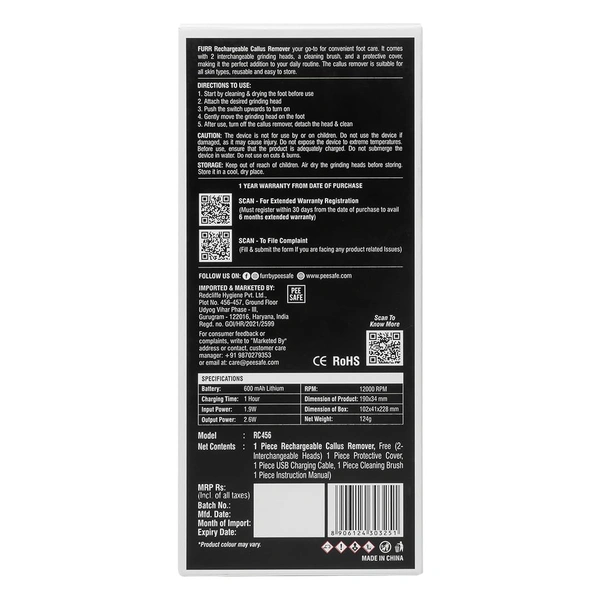 Peesafe FURR Rechargeable Callus Remover for Feet | Dead Skin Foot Scrubber with 2 Speed Modes & 2 Roller Heads | 1 Hour Battery | Water Resistant | 1 Year Warranty | Smooth Feet