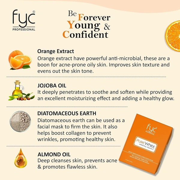Fyc Professional Pure White Vitamin C Facial Kit 95g| 5-Step Brightening & Hydrating Facial Treatment | Glowing, Radiant & Even-Toned Skin | Salon-Quality Facial for All Skin Types | Vitamin-C Boost
