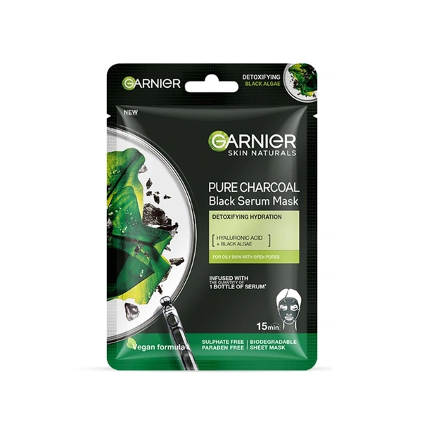Garnier Skin Naturals Face Mask 28g | With Pure Charcoal Black Serum Mask | Detoxifying Hydration | Biodegradable Sheet Mask | Oil-Absorbing Charcoal Mask | Deep Cleansing | Clearer Skin in 15 Minutes | 28g