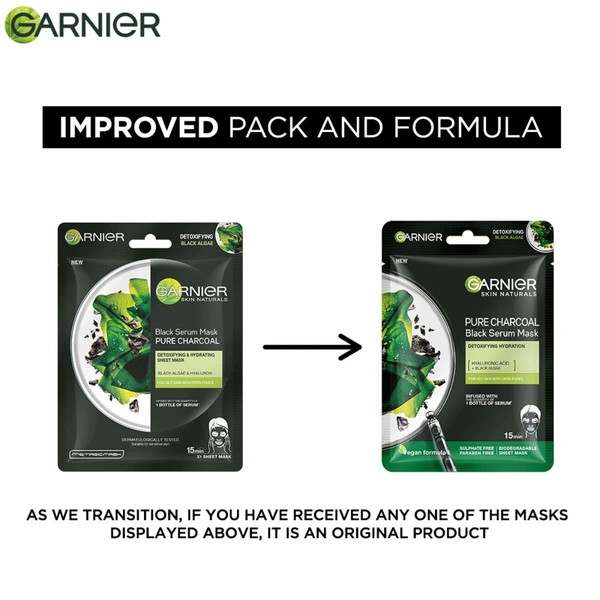 Garnier Skin Naturals Face Mask 28g | With Pure Charcoal Black Serum Mask | Detoxifying Hydration | Biodegradable Sheet Mask | Oil-Absorbing Charcoal Mask | Deep Cleansing | Clearer Skin in 15 Minutes | 28g
