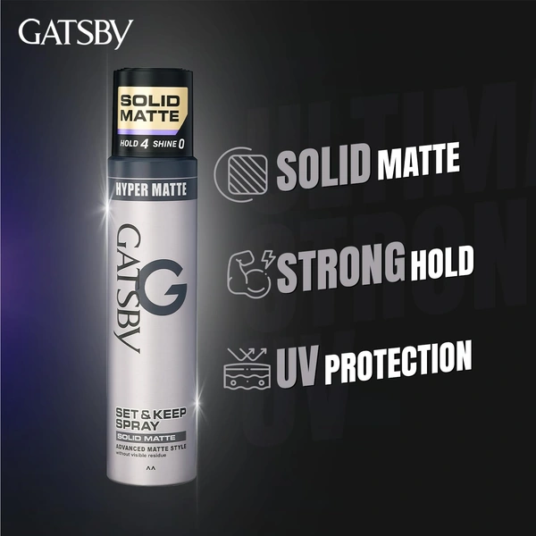 Gatsby GATSBY Set & Keep Hair Spray Solid Matte, 250ml | Strong Hold & Matte Finish | UV Protection & Non-Sticky | Residue-Free & Long-Lasting | Dermatologically Tested, Compact Size