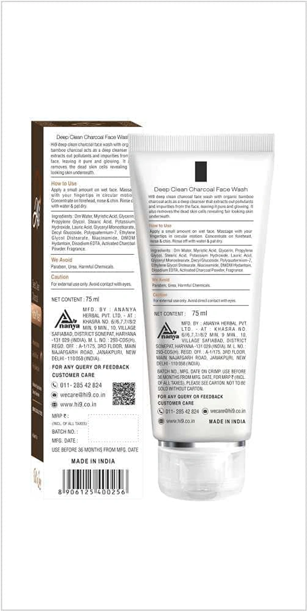 Hi9 Deep Clean Charcoal Facewash 75ml - Unclog Pores & Detoxify Skin for a Radiant Glow