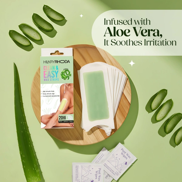 Hilary Rhoda Matte Hilary Rhoda Clean & Easy Wax Strips with Aloe Vera | Effortless & Quick Hair Removal | Soothes & Hydrates Skin | Salon-Smooth Results | Zero Fuss, No-Mess Waxing at Home