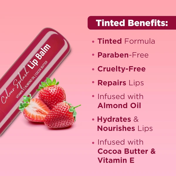 Hilary Rhoda Colour Splash Lip Balm (Strawberry) 3g with SPF-15 | Nourishing Lip Care with Sun Protection| Strawberry Flavor | Vitamin E & Cocoa Butter for Soft Lips.