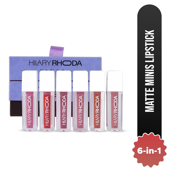 Hilary Rhoda Matte Minis Lipstick Set of 6 | Vitamin E, Jojoba & Rosehip Oil Infused | 12-Hour Stay | Waterproof, Smudge-Proof, Non-Sticky Lightweight Matte Lipsticks