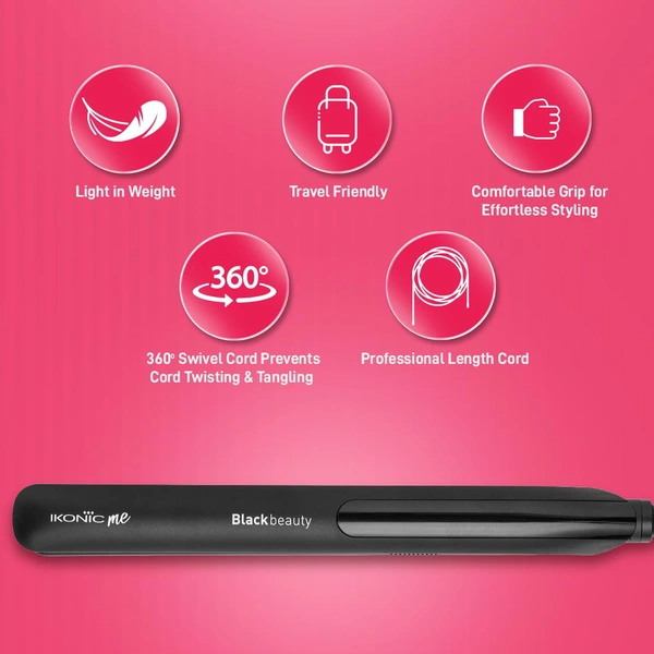 Ikonic Black Beauty Hair Straightener for Women | Ceramic Coated Floating Plates | Instant Heat Up, Handle Lock | Super Slim, Lightweight & Travel Friendly