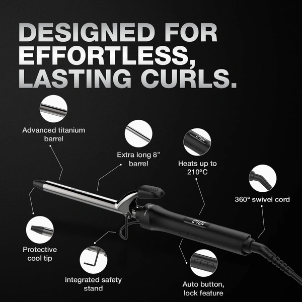 Ikonic Curling Tong 16mm Hair Curler | 8 Inch Titanium Barrel | Heat Ready Indicator, Rubber Grip, Safety Stand & Swivel Cord | Salon-Like Finish