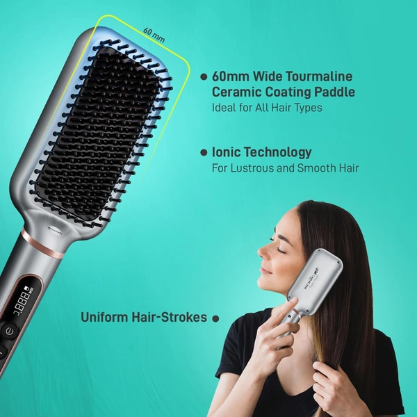 Ikonic Me Hair Straightener Brush Super Styler | Tourmaline Ceramic | Triple Bristle | Thermo-Protect | 130-210�C | Frizz-Free, Shiny Hair | Large Paddle Brush