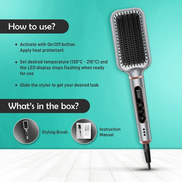 Ikonic Me Hair Straightener Brush Super Styler | Tourmaline Ceramic | Triple Bristle | Thermo-Protect | 130-210�C | Frizz-Free, Shiny Hair | Large Paddle Brush