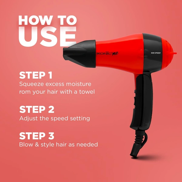Ikonic Mini Speedy Hair Dryer Red | 1000W Powerful Motor | Lightweight & Compact | Foldable Handle | Dual Heat Settings | Travel-Friendly | Fast & Frizz-Free Drying