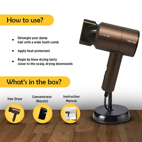 Ikonic Mini Vibe Hair Dryer 1200W - Coffee | 2 Speed Settings | Cool Shot | Overheat Protection | Compact & Travel Friendly Design | Suitable for All Hair Types