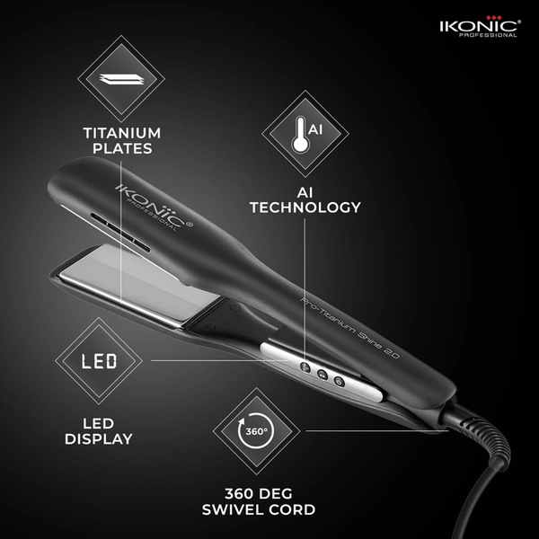 Ikonic Pro Titanium Shine Hair Straightener Black with AI Technology | Fast Heating | Frizz-Free Styling | Auto Shut-Off | Digital Temperature Control | Salon-Quality