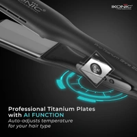 Ikonic Pro Titanium Shine Hair Straightener Black with AI Technology | Fast Heating | Frizz-Free Styling | Auto Shut-Off | Digital Temperature Control | Salon-Quality