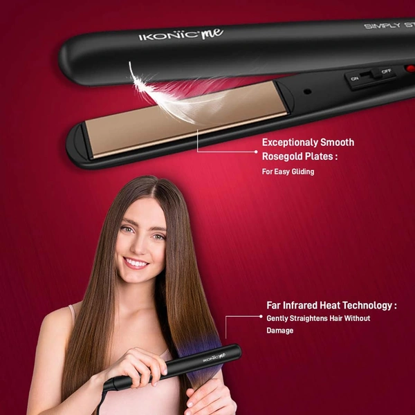 Ikonic Simply Straight Hair Straightener | Super Slim Rose Gold | 1-inch Plates | Compact Design | Quick Heat Up | Auto Controlled Heat Setting | Suitable for All Hair Types