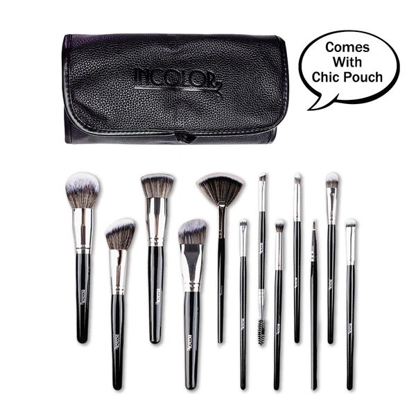 Incolor 12Pcs Makeup Brush Set Black/Silver | Glam Blend Eyeshadow & Face Brushes | Professional, Soft Bristles for Effective Makeup Application