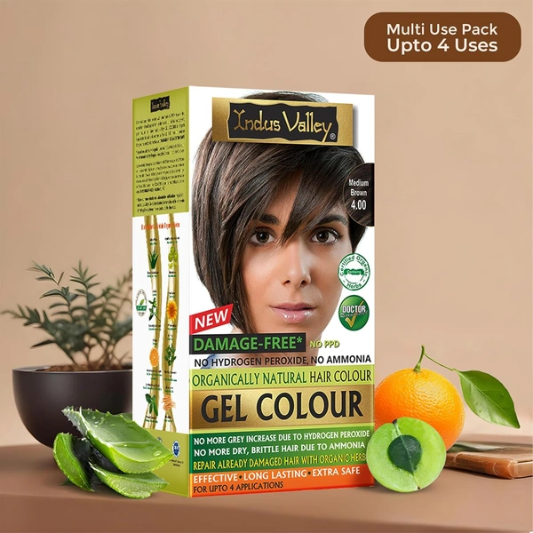 Indus Valley INDUS VALLEY Damage Free Natural Gel Hair Colour 220ml Medium Brown 4.00 for Women & Men | 100% Grey Coverage | Ammonia & PPD Free Herbal Organic Conditioning Hair Color