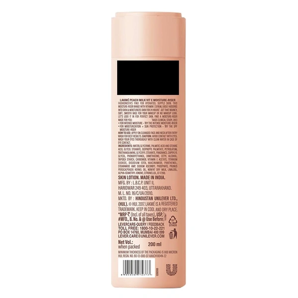 Lakme Peach Milk Moisturizer Body Lotion 200ml � Nourishing, Hydrating Lotion for Soft, Smooth Skin with Long-Lasting Moisture & Refreshing Peach Fragrance for All Skin Type