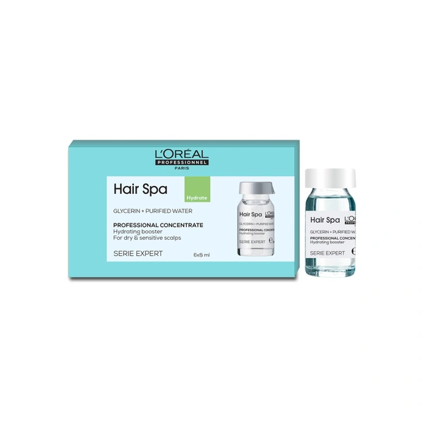 Loreal Paris Loreal Professionnel Hair Spa Hydrating Concentrate - 8ml x 6 | Enriched Water Lily & Purified Water | For Dry & Sensitive Scalp | Frizz Control | Salon-Like Treatment at Home