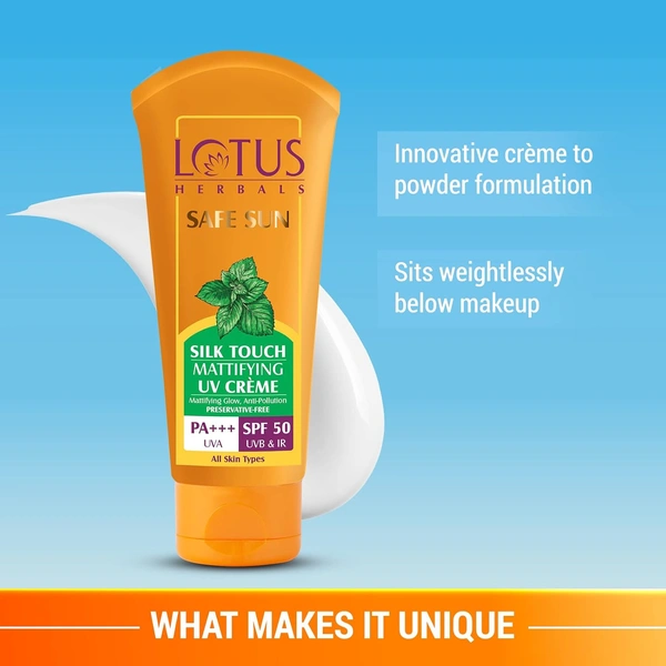 Lotus Herbals Safe Sun Silk Touch Mattifying Uv Cream PA+++, SPF 50, UVA & UVB 75 gm