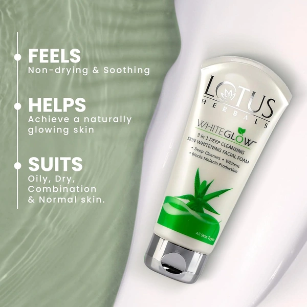 Lotus Herbals White Glow 3 in 1 Deep Cleansing Skin Whitening Facial Foam, 100g